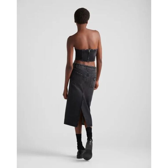 Prada Black Long Denim Midi Skirt Button Fly Size 4 US EUC - Picture 6 of 16